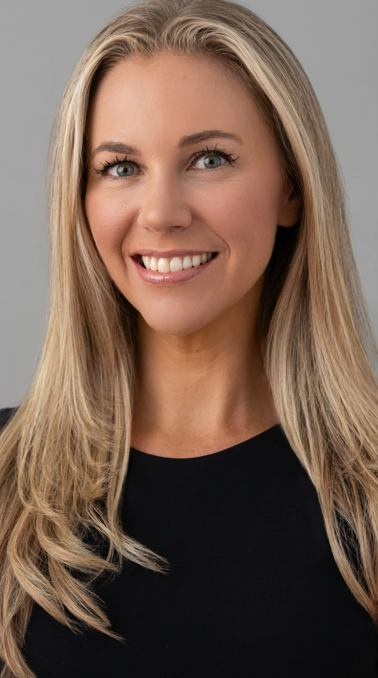 A portrait of a blonde woman with a black shirt smiling at the camera.